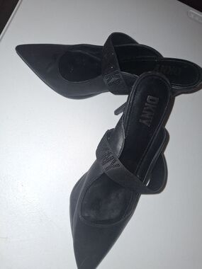 DKNY Black Pointed Toe Slip-On Mules with Embellished Strap